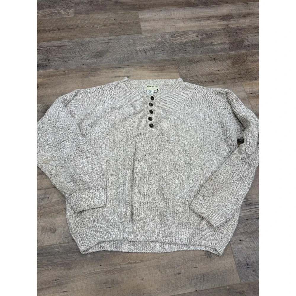 Eddie Bauer Mens Beige Marled Cotton Henley Sweater Made in USA Size Small